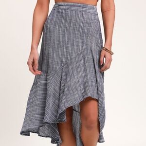 Lulus By The Bay Washed Blue And White Striped Ruffled Midi Skirt - Size S